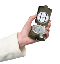 Photo of Woman holding compass on white background, closeup