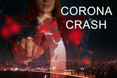 Corona crash. Double exposure of businesswoman and city landscape