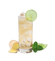 Glass of tasty ginger ale with ice cubes and ingredients isolated on white