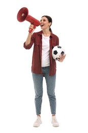 Photo of Emotional sports fan with soccer ball and megaphone on white background