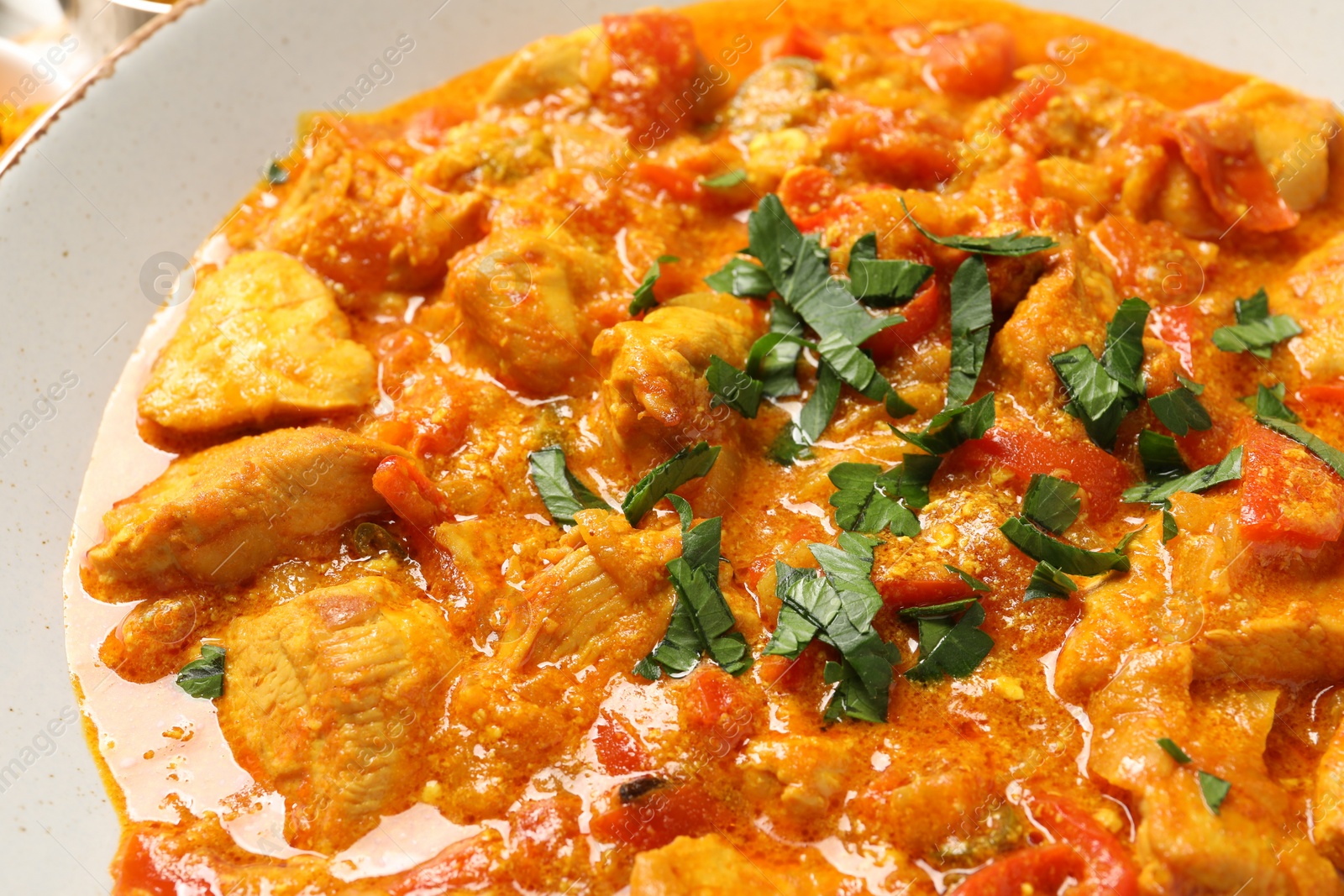 Photo of Delicious chicken curry with parsley in plate, closeup