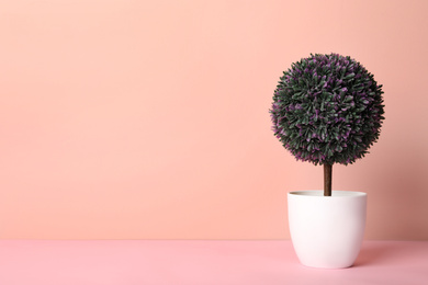 Photo of Artificial plant in flower pot on pink background. Space for text