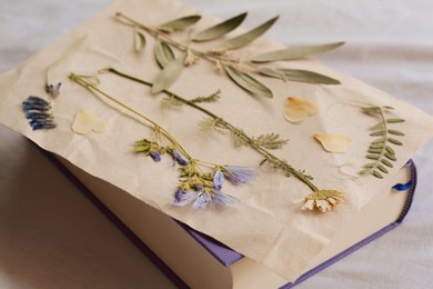 Photo of Sheet of paper with dried flowers and leaves on white fabric, closeup