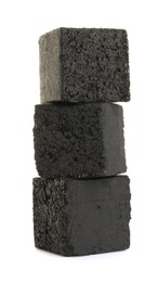 Photo of Stack of charcoal cubes for hookah on white background