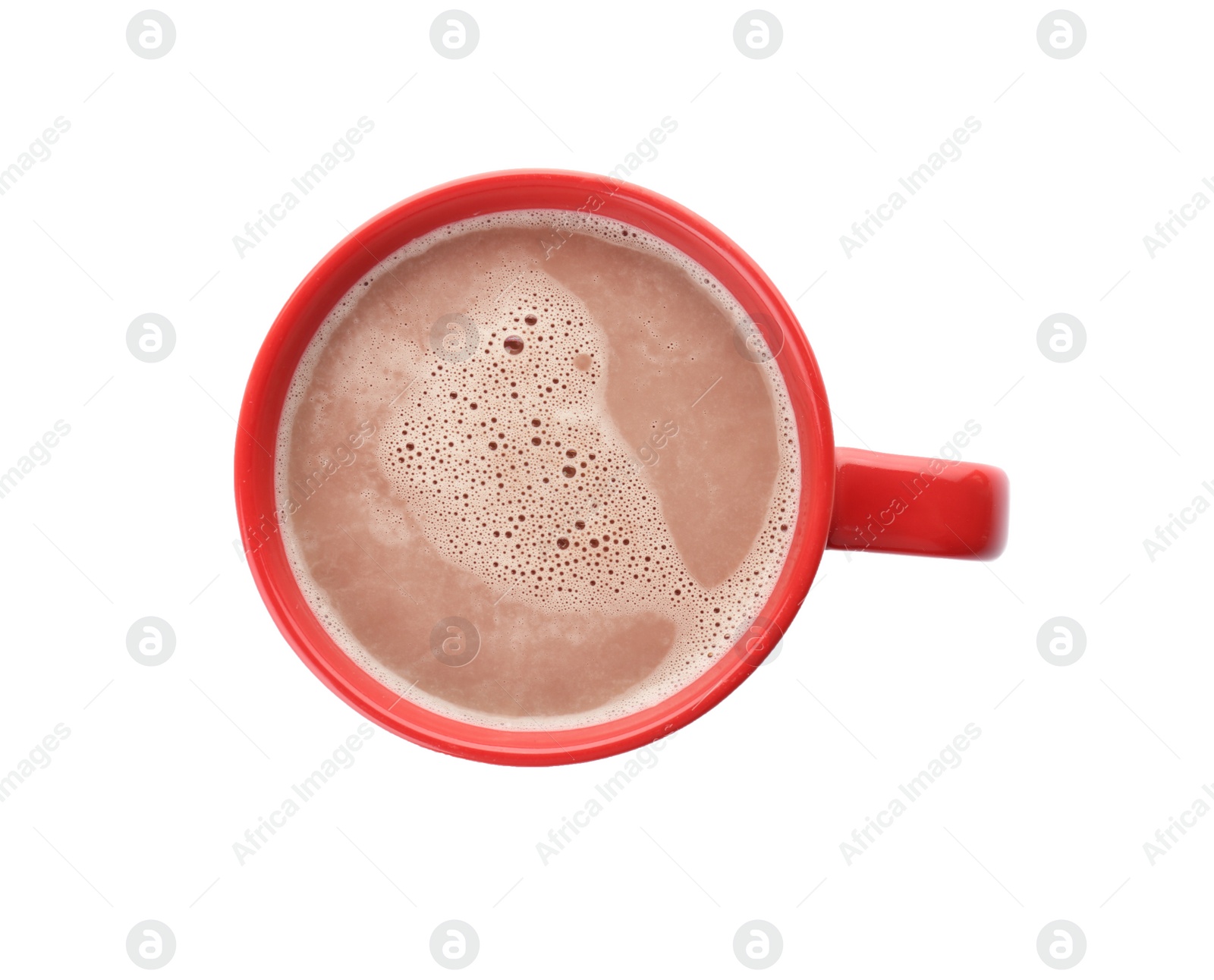 Photo of Mug with delicious hot cocoa drink on white background, top view