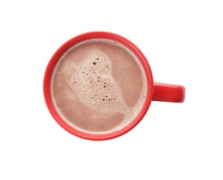 Photo of Mug with delicious hot cocoa drink on white background, top view