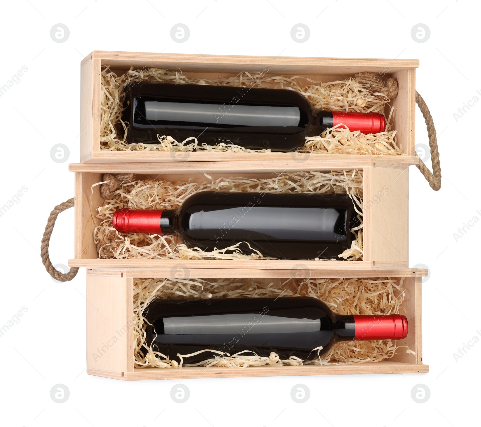 Photo of Wooden gift boxes with wine isolated on white