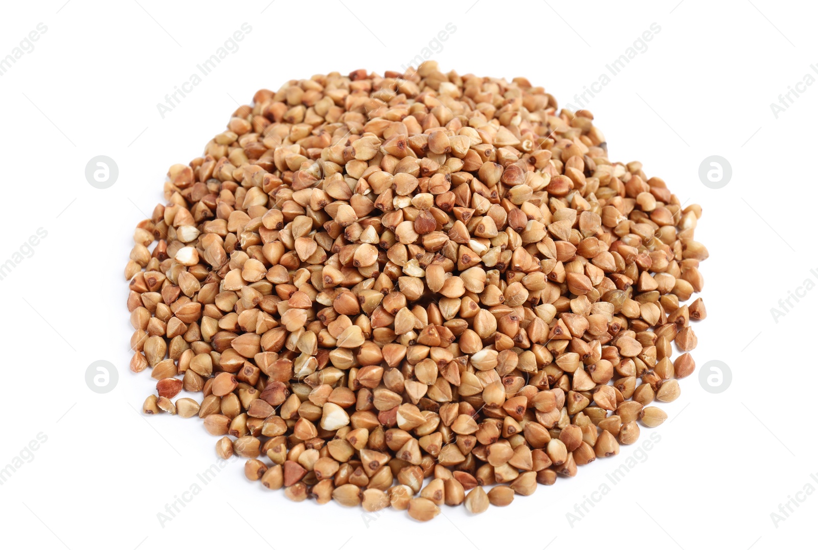 Photo of Uncooked buckwheat on white background. Healthy diet