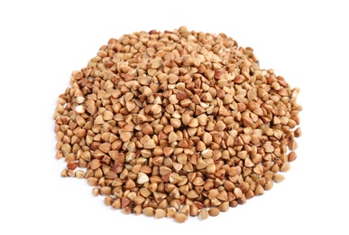 Uncooked buckwheat on white background. Healthy diet