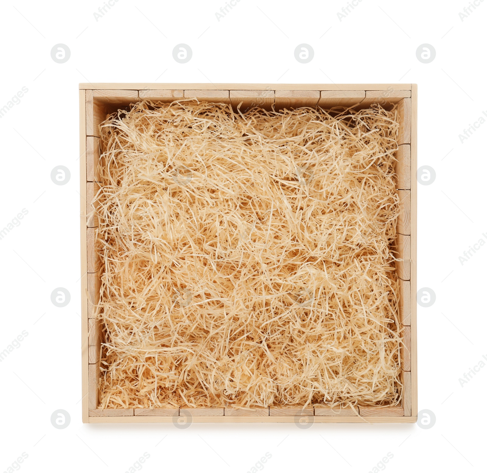 Photo of Wooden crate with filler isolated on white