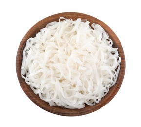 Photo of Wooden bowl of tasty cooked rice noodles isolated on white, top view