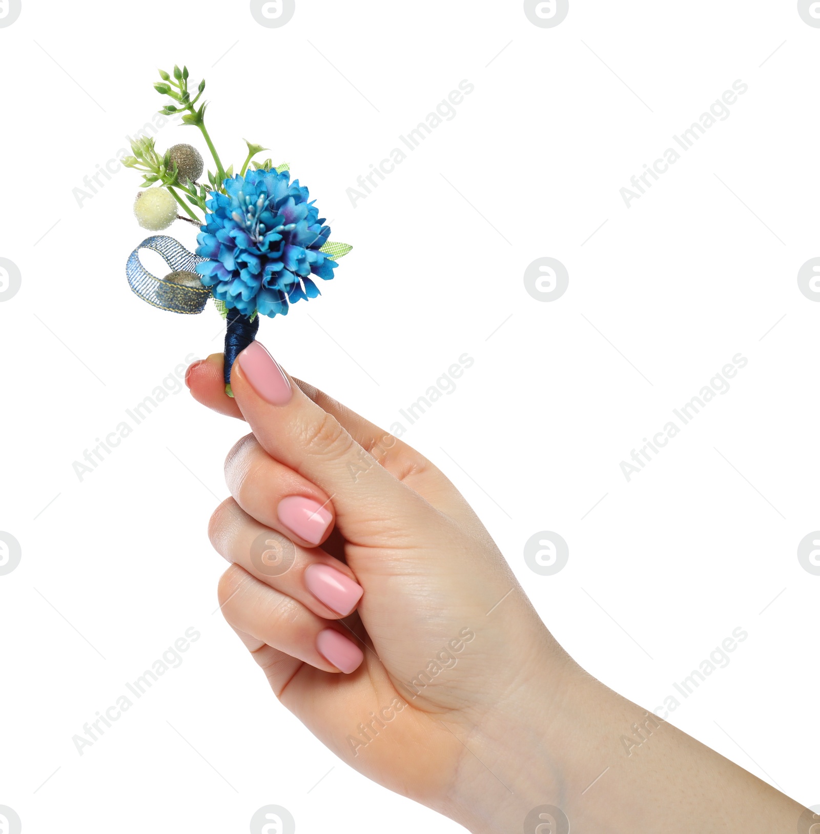 Photo of Woman holding stylish boutonniere on white background, closeup