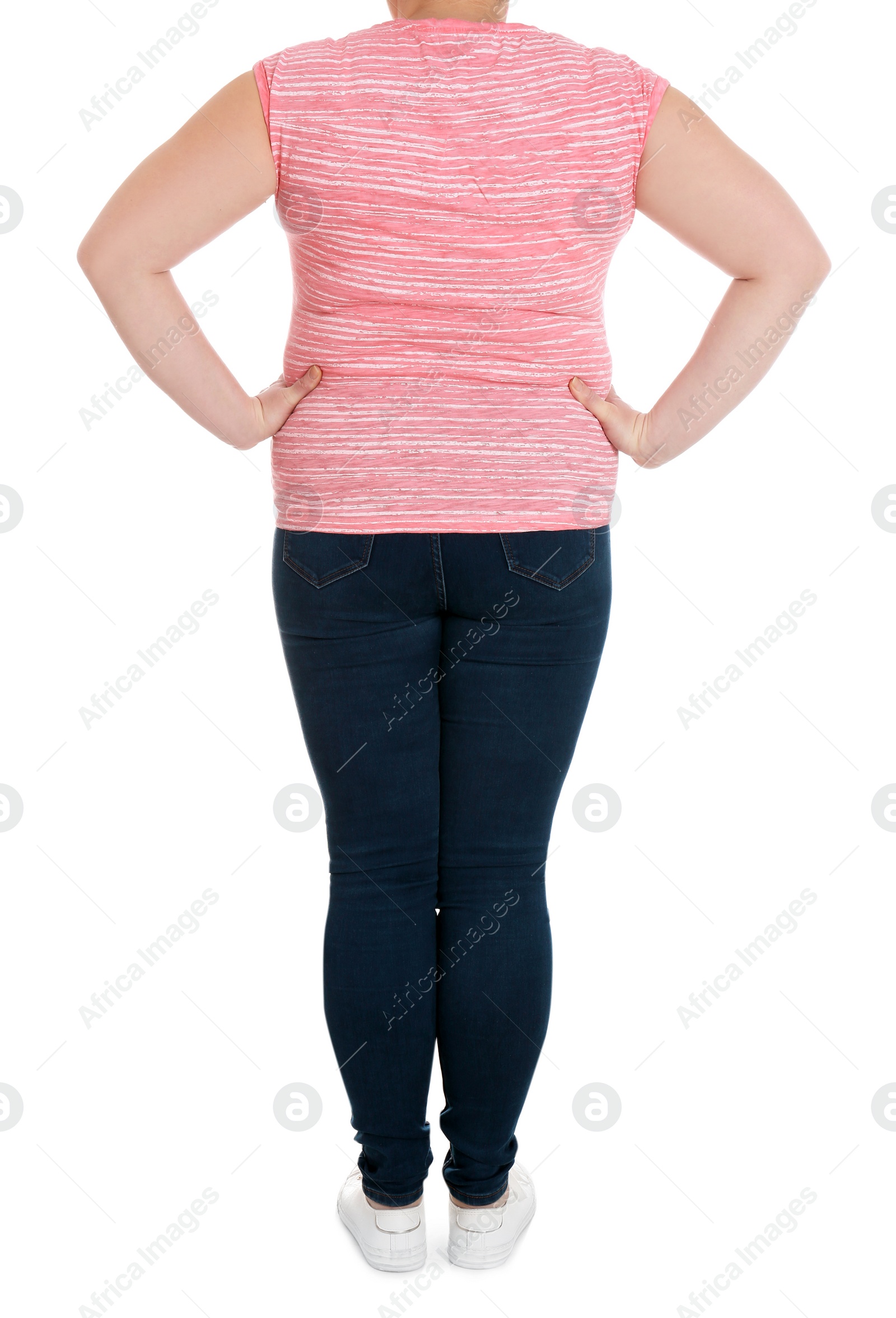 Photo of Overweight woman on white background, closeup. Weight loss