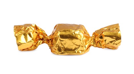 Tasty candy in yellow wrapper isolated on white