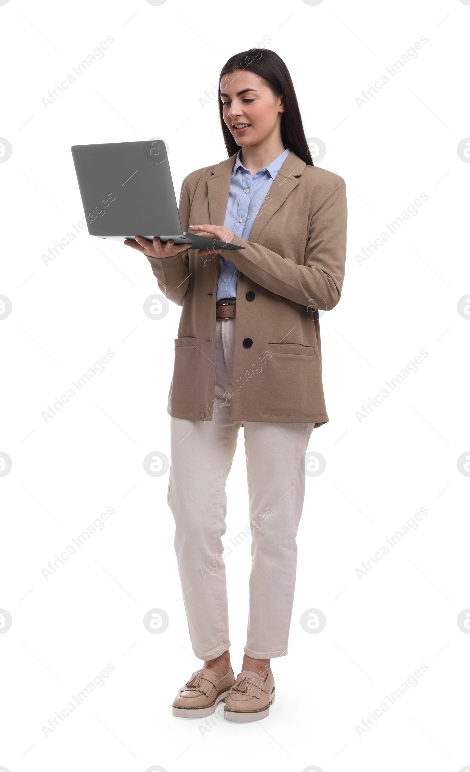 Photo of Beautiful businesswoman with laptop on white background