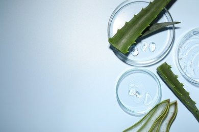 Photo of Petri dishes with cosmetic gel and cut aloe vera on light blue background, flat lay. Space for text