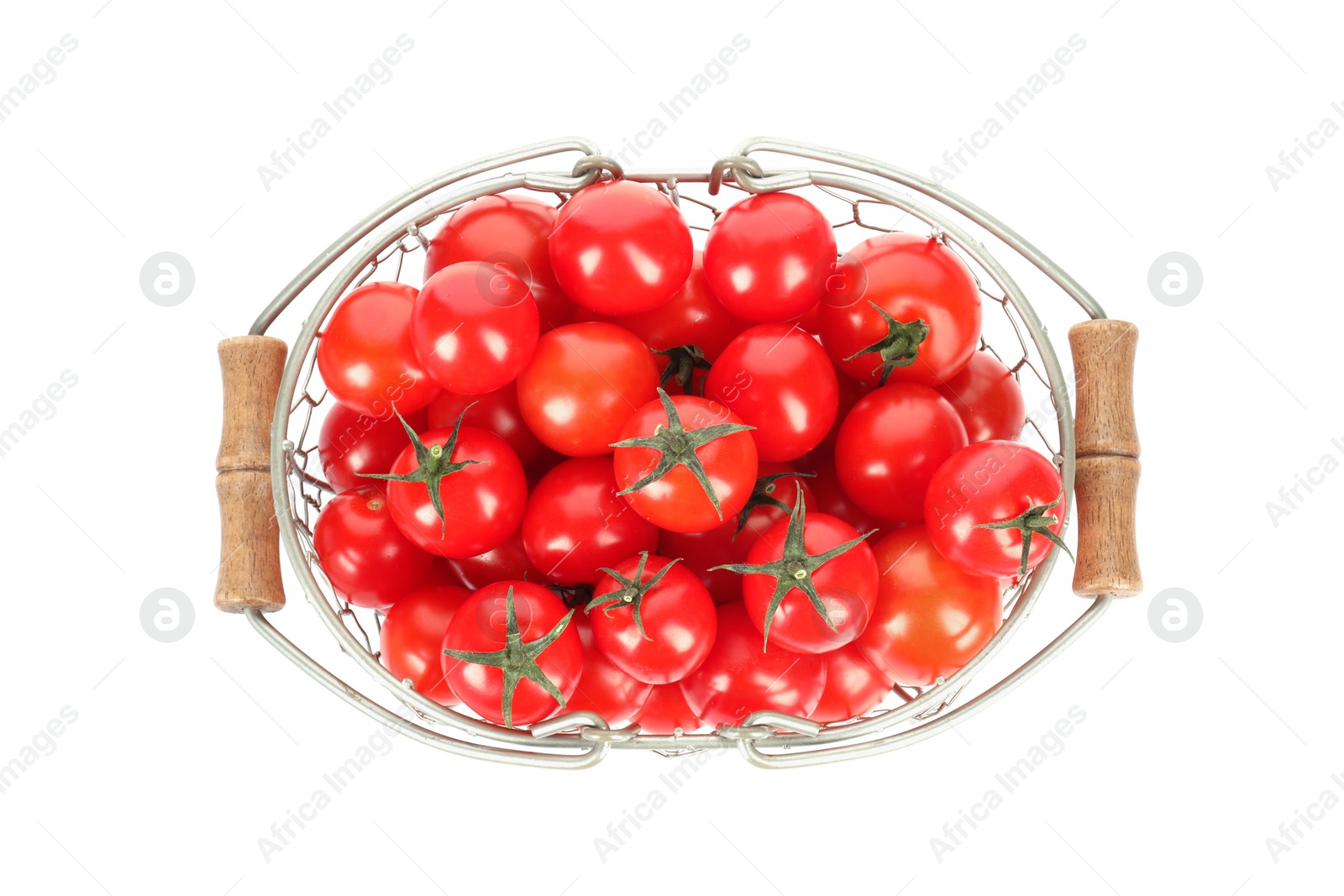 Basket with fresh ripe cherry tomatoes isolated on white, top view Photo of Basket with fresh ripe cherry tomatoes isolated on white, top view