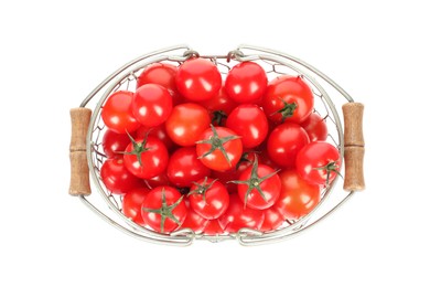 Photo of Basket with fresh ripe cherry tomatoes isolated on white, top view