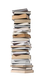 Photo of High stack of many different books isolated on white