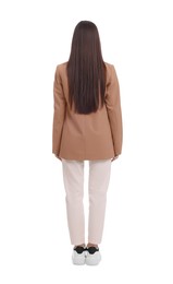 Photo of Businesswoman in suit on white background, back view