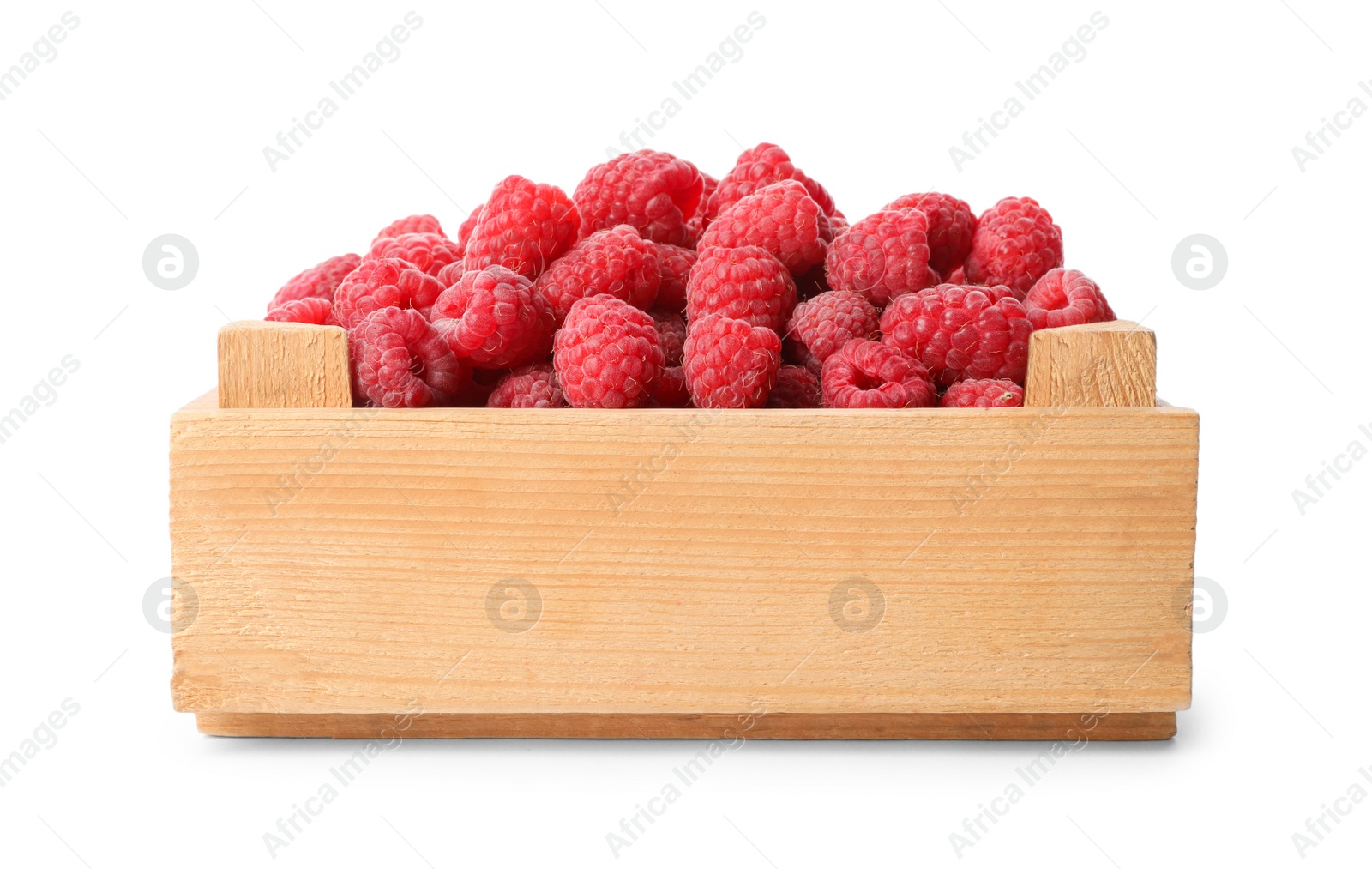 Photo of Wooden crate of delicious fresh ripe raspberries on white background