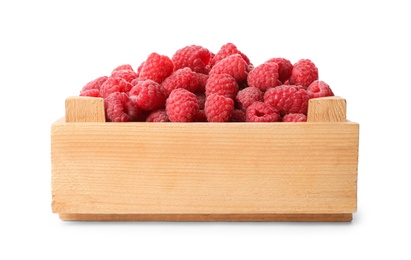 Wooden crate of delicious fresh ripe raspberries on white background