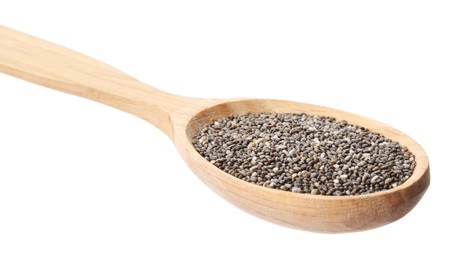 Photo of Spoon of chia seeds isolated on white