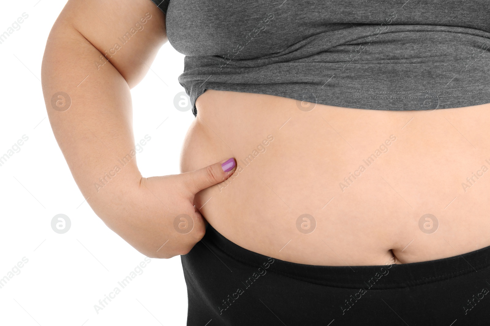 Photo of Overweight woman on white background, closeup view