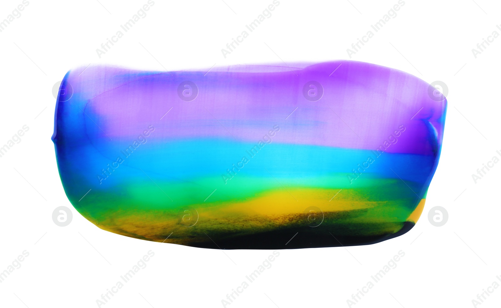 Photo of Purple, blue, green and yellow chameleon paint samples on white background, top view