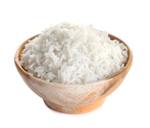 Photo of Bowl of tasty cooked rice on white background