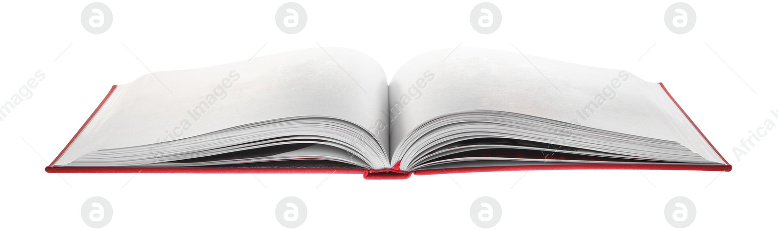 Photo of Open book with red cover on white background