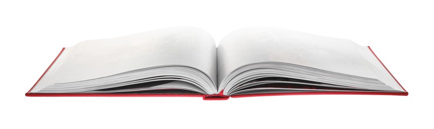 Photo of Open book with red cover on white background