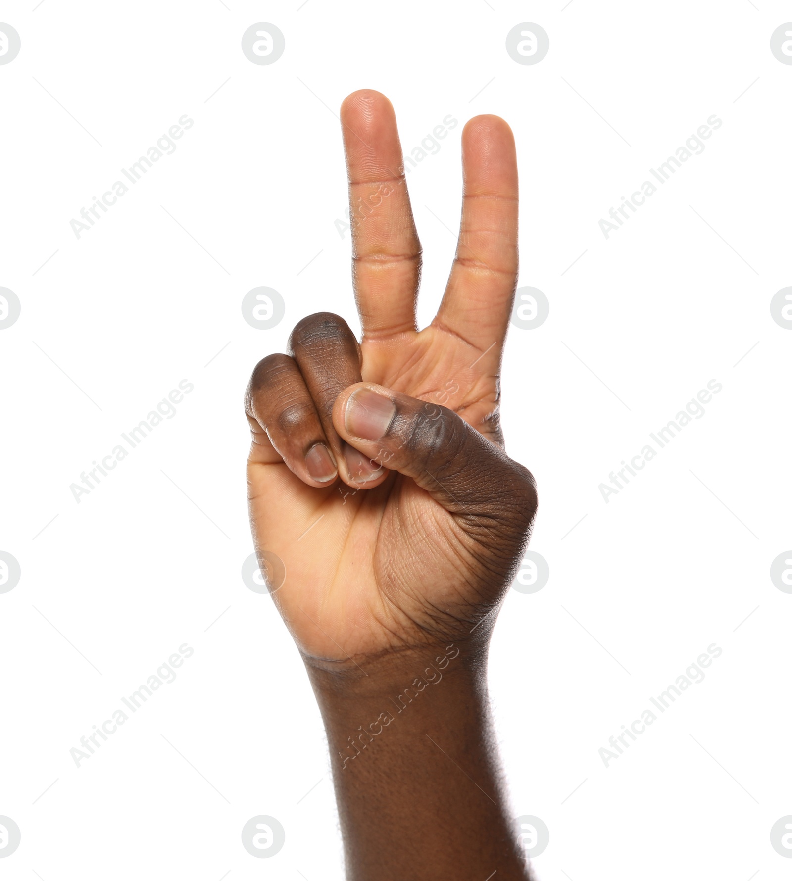 Photo of African-American man showing PEACE sign on white background, closeup