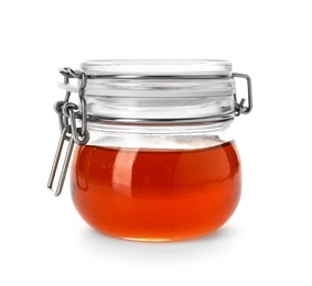 Jar with delicious honey on white background