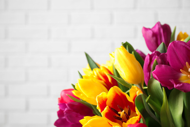 Photo of Beautiful spring tulips against white brick wall, closeup. Space for text