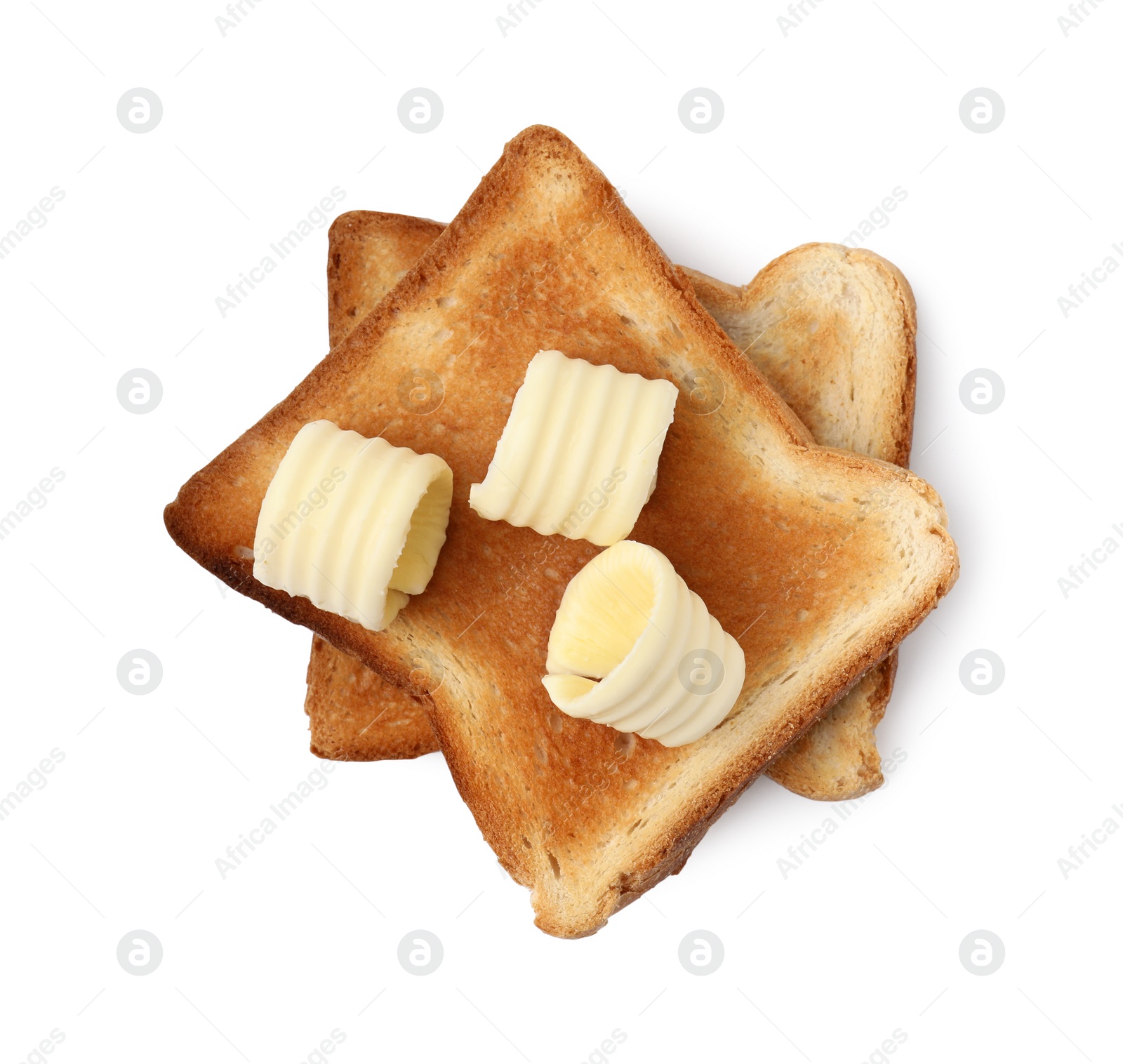 Photo of Tasty butter curls and toasts isolated on white, top view