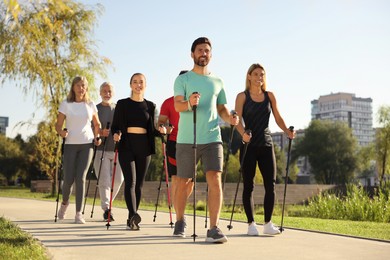 Group of people practicing Nordic walking with poles in park on sunny day