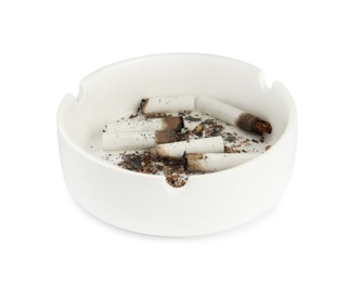 Photo of Ceramic ashtray with cigarette stubs isolated on white