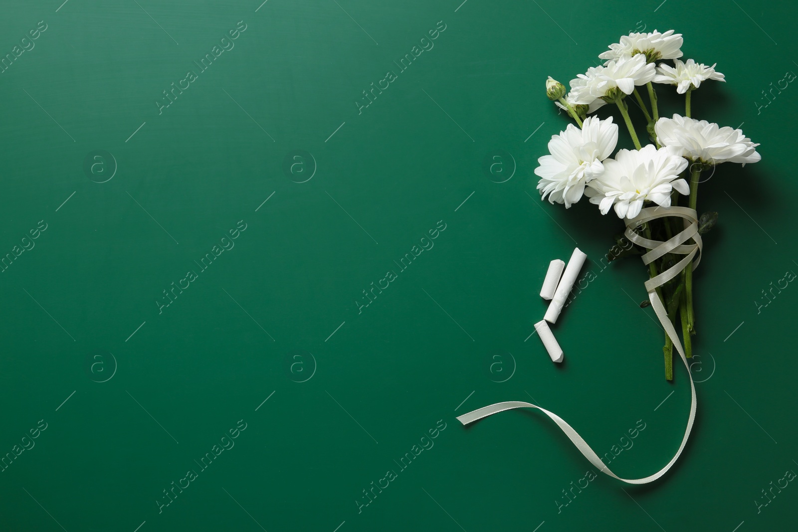 Photo of Flat lay composition with flowers on green chalkboard, space for text. Teacher's day