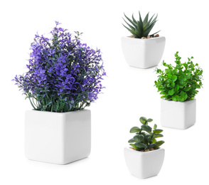 Set of artificial plants in flower pots isolated on white