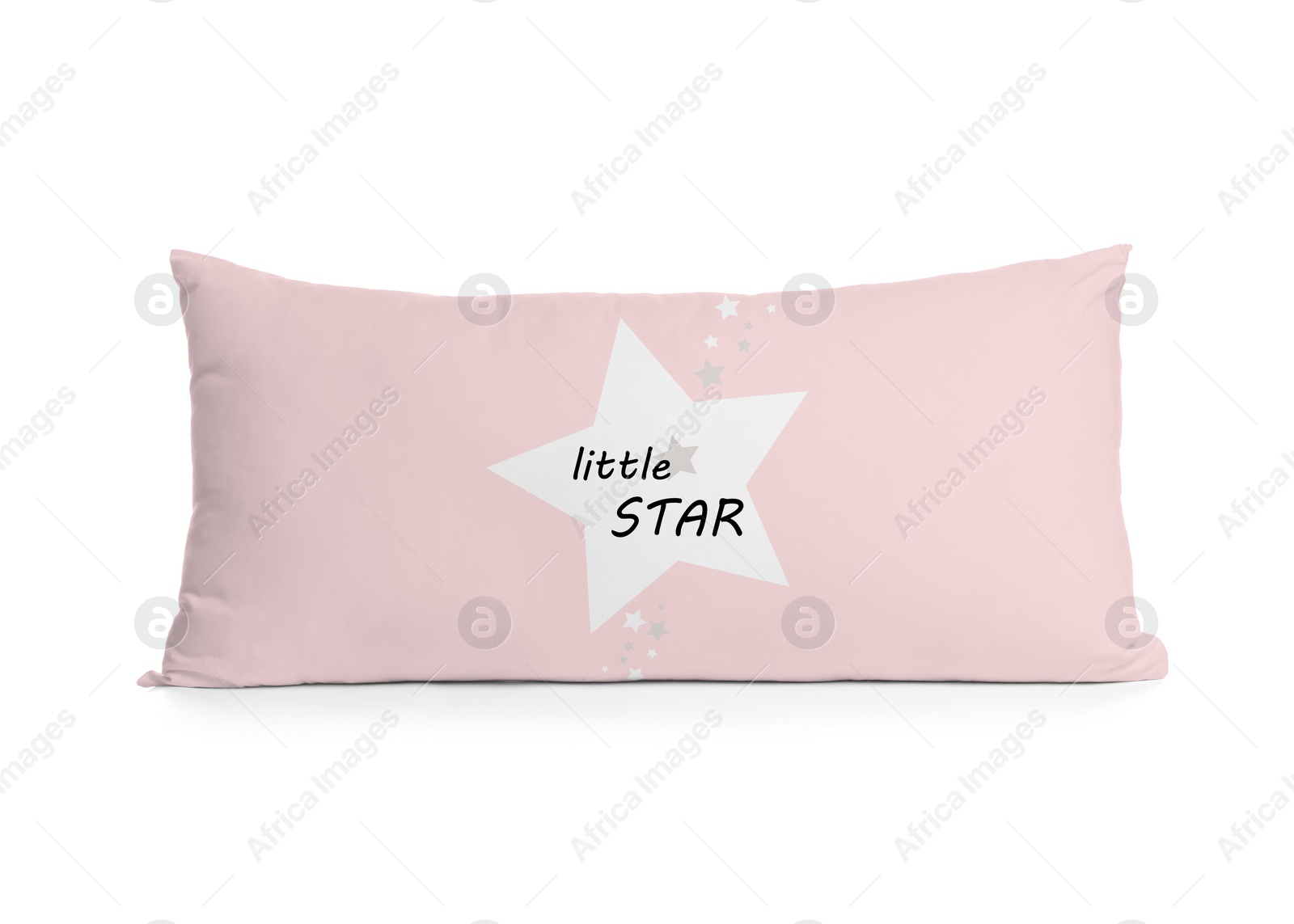 Image of Soft pillow with printed star and text Little Star isolated on white