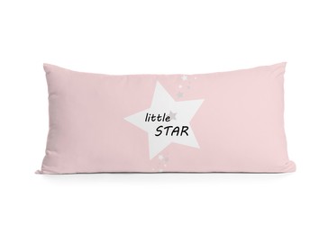 Image of Soft pillow with printed star and text Little Star isolated on white