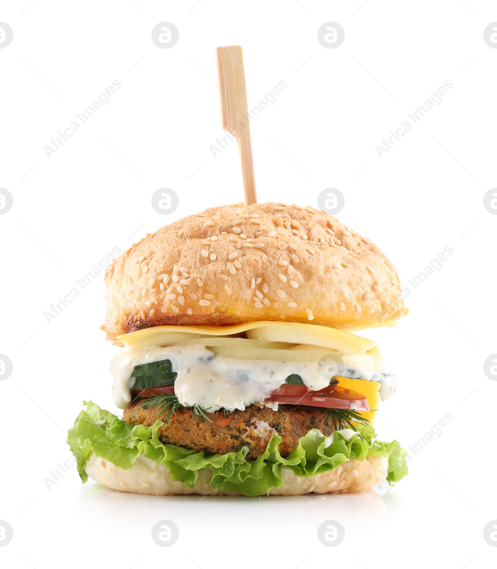 Photo of Vegetarian burger with delicious patty isolated on white