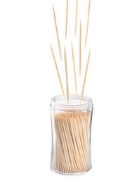 Image of Holder with wooden toothpicks on white background