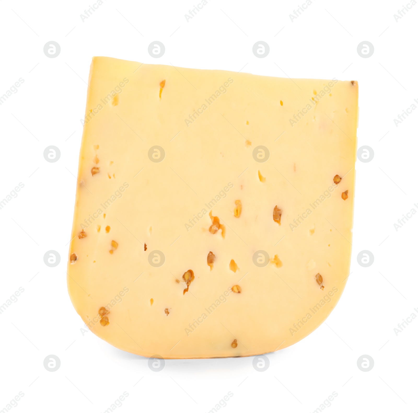 Photo of Piece of tasty cheese with fenugreek isolated on white