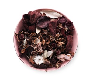 Photo of Aromatic potpourri of dried flowers in bowl on white background, top view