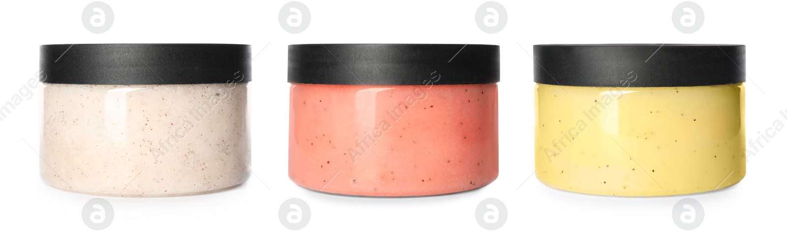 Image of Set with different body scrubs in jars on white background. Banner design