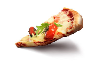 Image of Hot seafood pizza slice on white background. Image for menu or poster