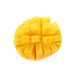 Photo of Cut ripe mango isolated on white, top view. Exotic fruit