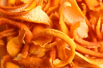 Photo of Many dry orange peels as background, closeup
